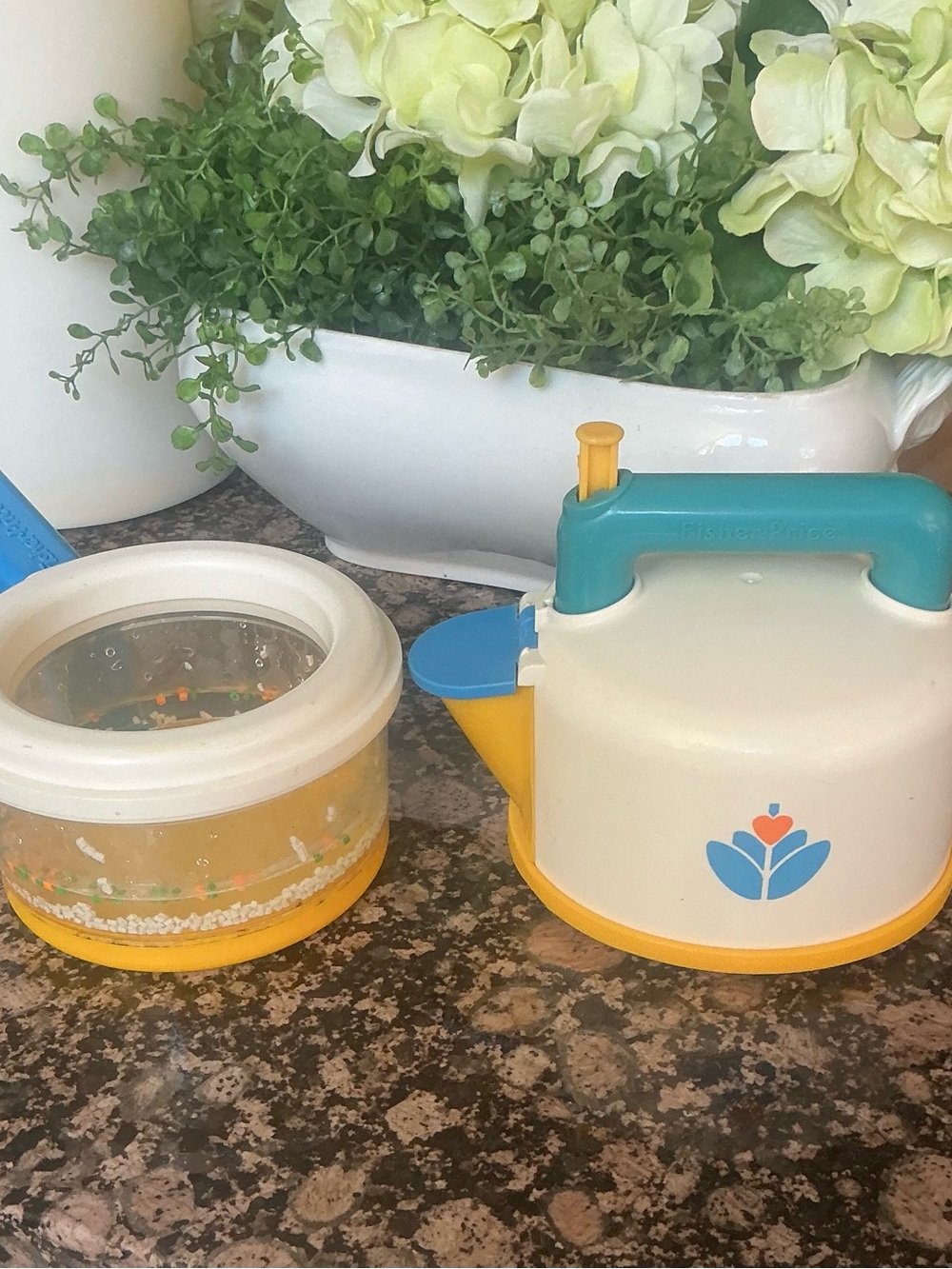 Vintage fisher price play kitchen tools whistling tea kettle pan